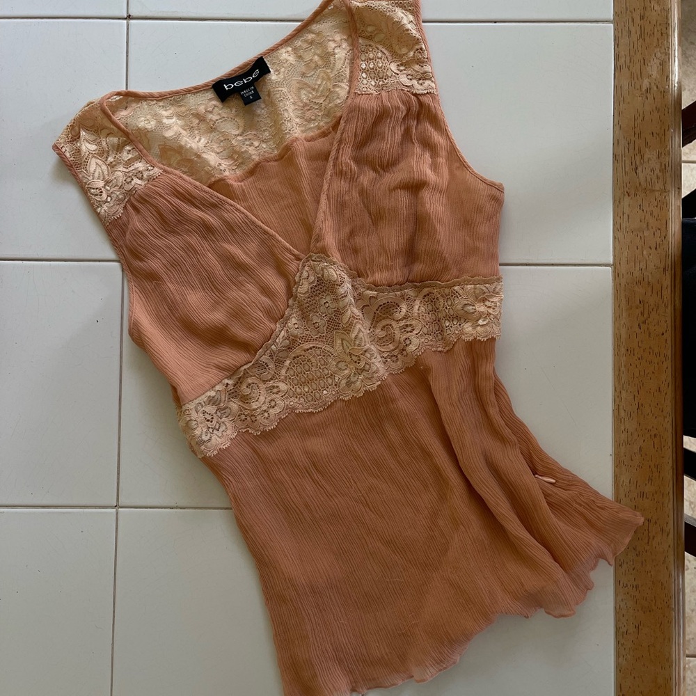 Vintage Y2K Bebe Lace Trim Sleeveless Top in Peach
